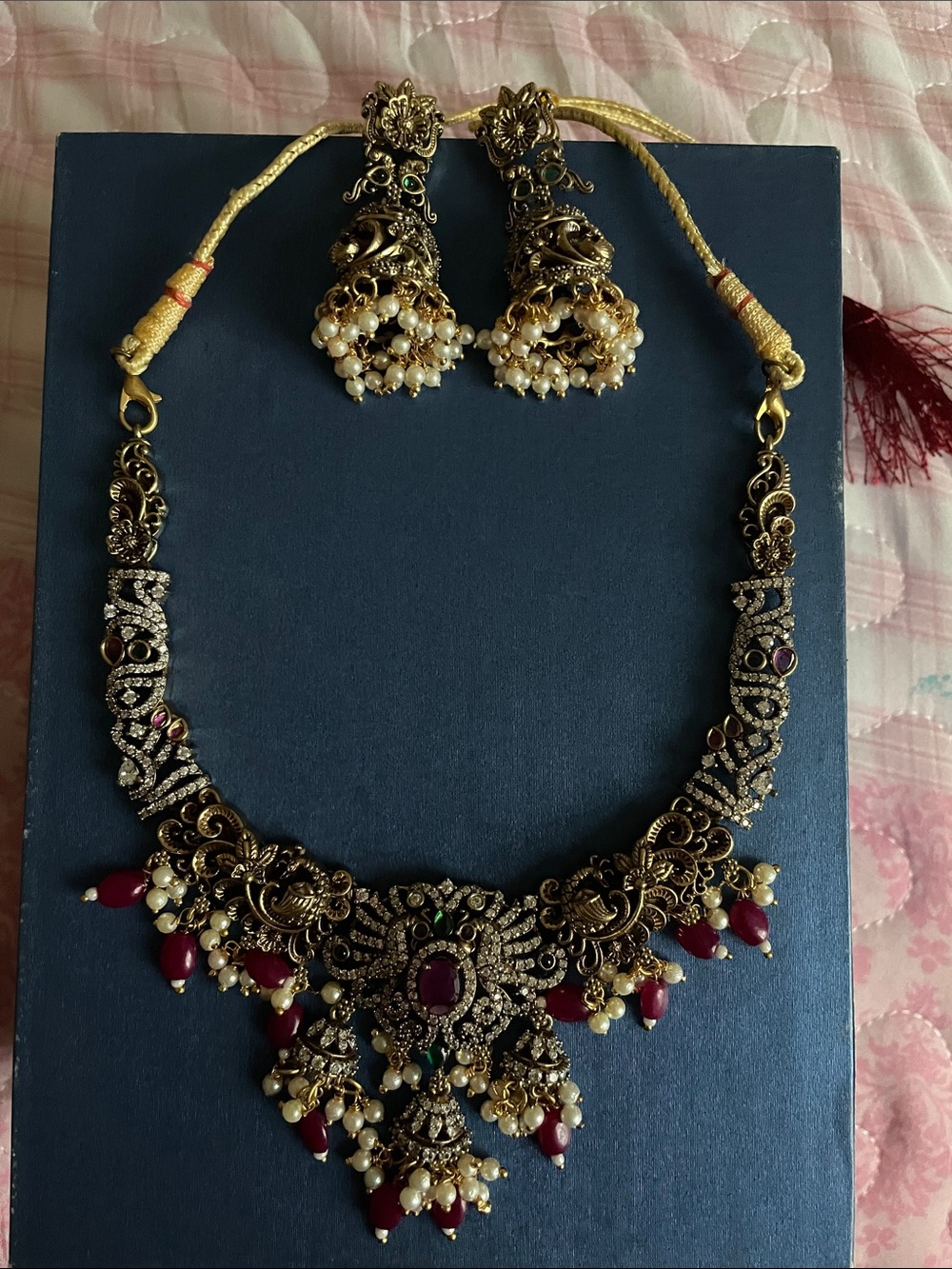 Gold-Tone Pearl & Ruby Accent Bridal Necklace with Matching Jhumka Earrings